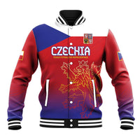 Red, blue and purple baseball jacket with zip front, striped collar, lion crest graphic