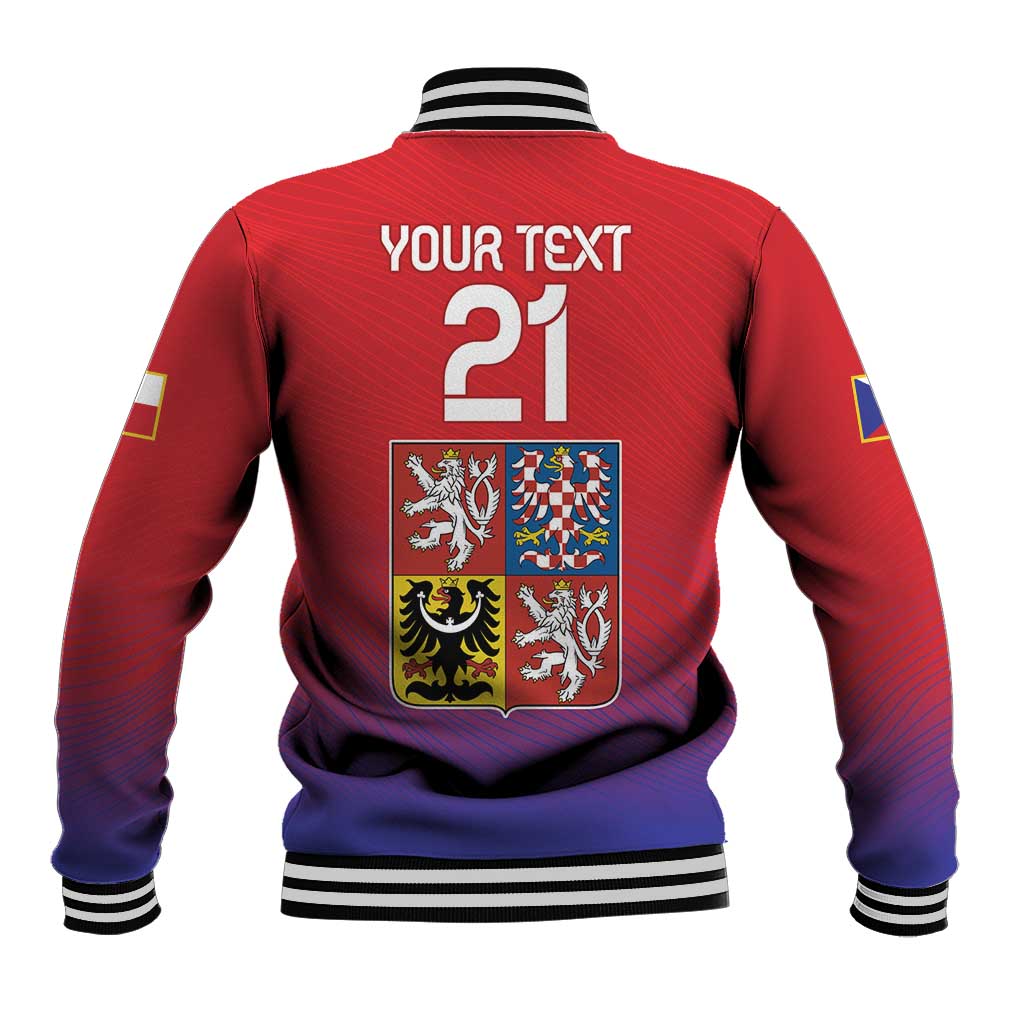 Back view baseball jacket in red with striped collar and sleeves, crest and 'YOUR TEXT 21'