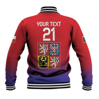 Back view baseball jacket in red with striped collar and sleeves, crest and 'YOUR TEXT 21'