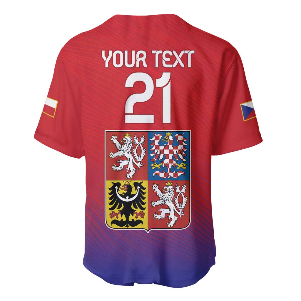 Red Czech baseball jersey back with large 21, crest shield, V-neck button placket