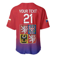 Red Czech baseball jersey back with large 21, crest shield, V-neck button placket