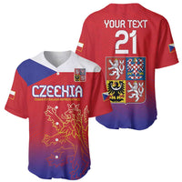 Red and blue Czech baseball jersey front and back with crest, lion graphics, V-neck