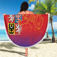 Red round beach blanket with Czech coat of arms and lion emblem, white tassel fringe