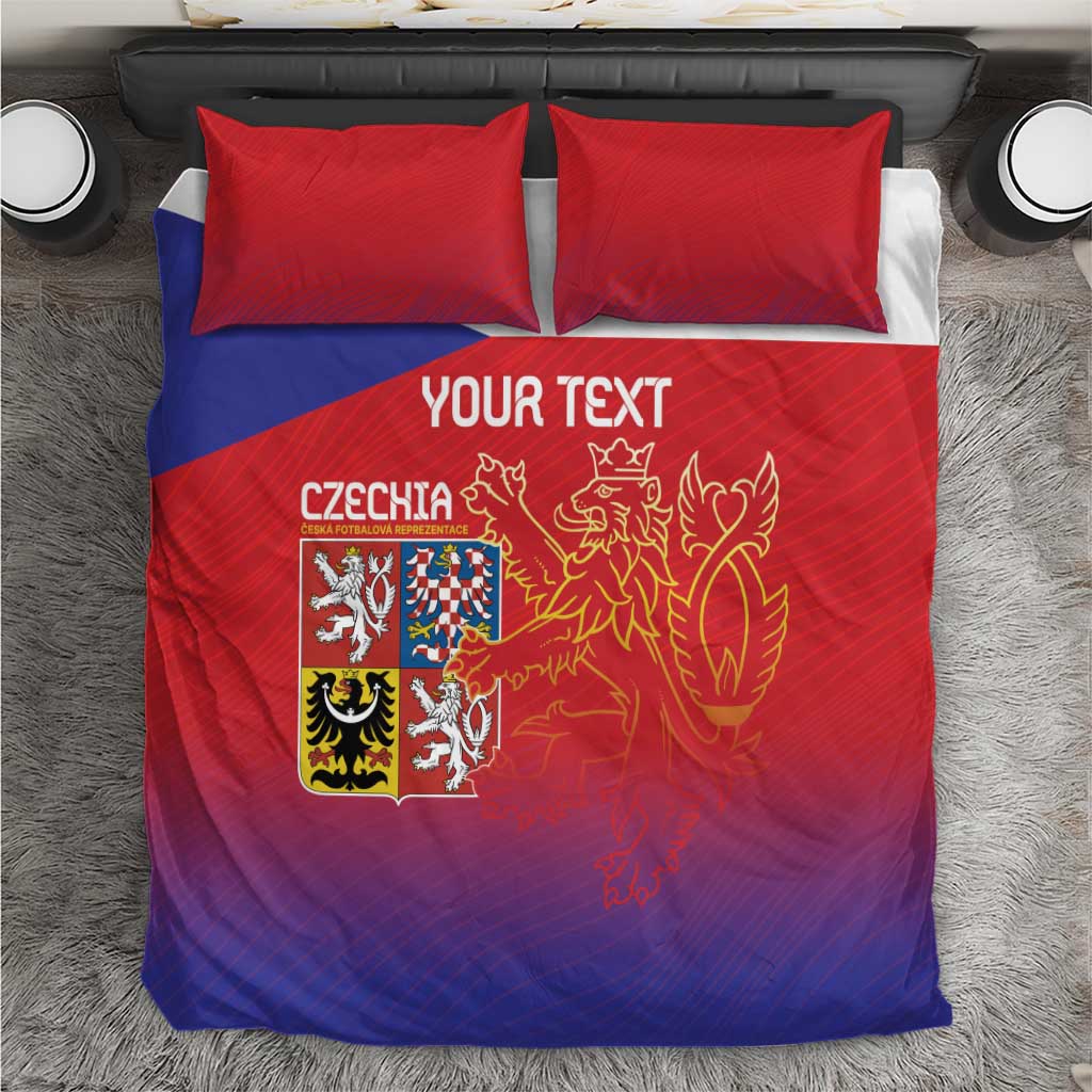 Red and blue Czech crest bedding set with custom text on duvet and two pillow shams