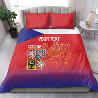 Red and blue bedding set with custom text and Czech lion crest on duvet with two pillow shams