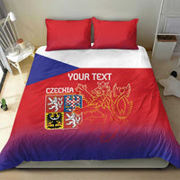 Red and blue Czech crest bedding set with custom text on duvet and two red pillow shams