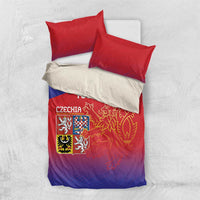 Red and blue Czech crest bedding set with custom text and lion design on duvet, red pillowcases