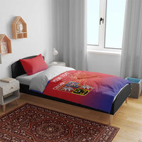 Red and blue bedding set with custom text and Czech lion crest graphic on duvet cover
