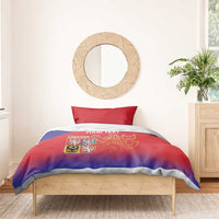 Red and blue bedding set with custom text and Czech coat of arms lion crest on duvet