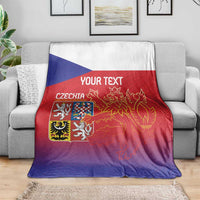 Custom Czech Republic blanket on sofa with Czech flag lion print and 'YOUR TEXT'.