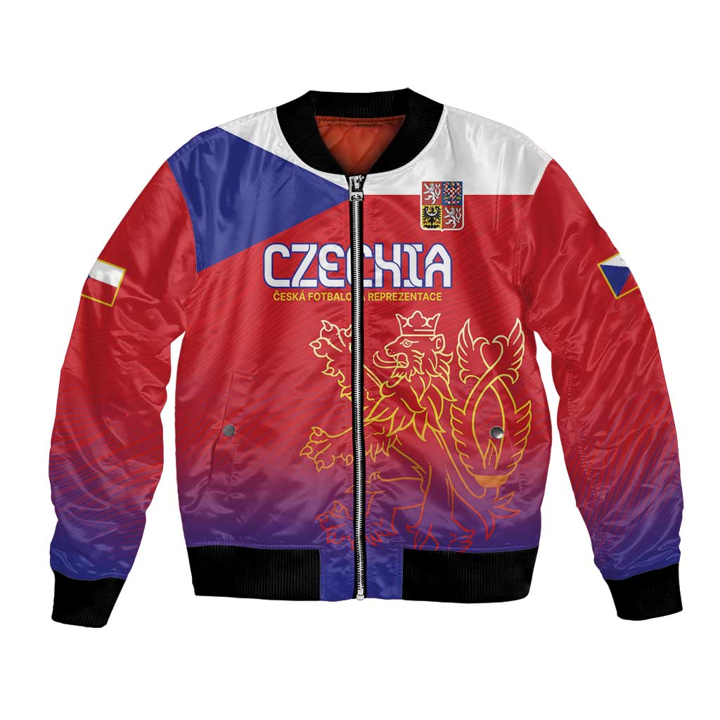 Red and blue bomber jacket with zipper, Czech crest and lion graphic