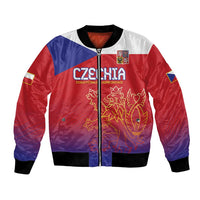 Red and blue bomber jacket with zipper, Czech crest and lion graphic