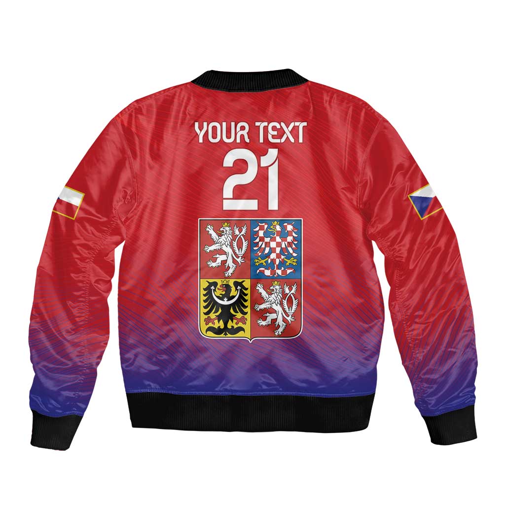 Red and blue bomber jacket back with 'YOUR TEXT 21' and Czech coat-of-arms