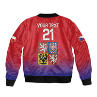 Red and blue bomber jacket back with 'YOUR TEXT 21' and Czech coat-of-arms