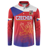 Red and blue Czechia button sweatshirt with lion crest, CZECHIA text, long sleeves