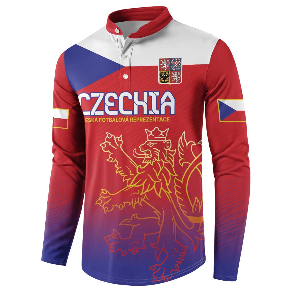 Red and blue button sweatshirt with white-and-blue shoulder panels, Czechia logo and lion graphic