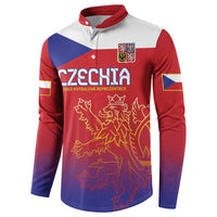 Red and blue button sweatshirt with white-and-blue shoulder panels, Czechia logo and lion graphic