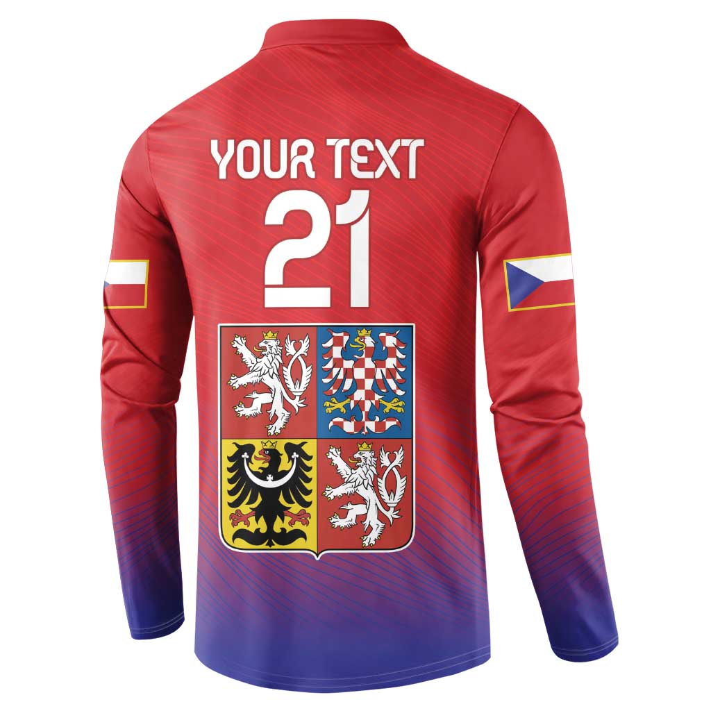 Red and blue button sweatshirt back with YOUR TEXT 21 and Czech coat-of-arms print