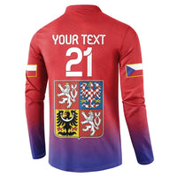 Red and blue button sweatshirt back with YOUR TEXT 21 and Czech coat-of-arms print