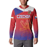 Red and blue Czechia button sweatshirt with lion crest and CZECHIA print, long sleeves