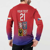 Red and blue button sweatshirt with YOUR TEXT 21 and Czech coat-of-arms graphic, long sleeves