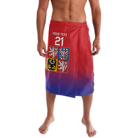 Red to blue double-tailed wrap skirt with printed crest and text panel