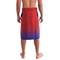 Red wrap skirt with blue bottom, adjustable waistband and pleated front
