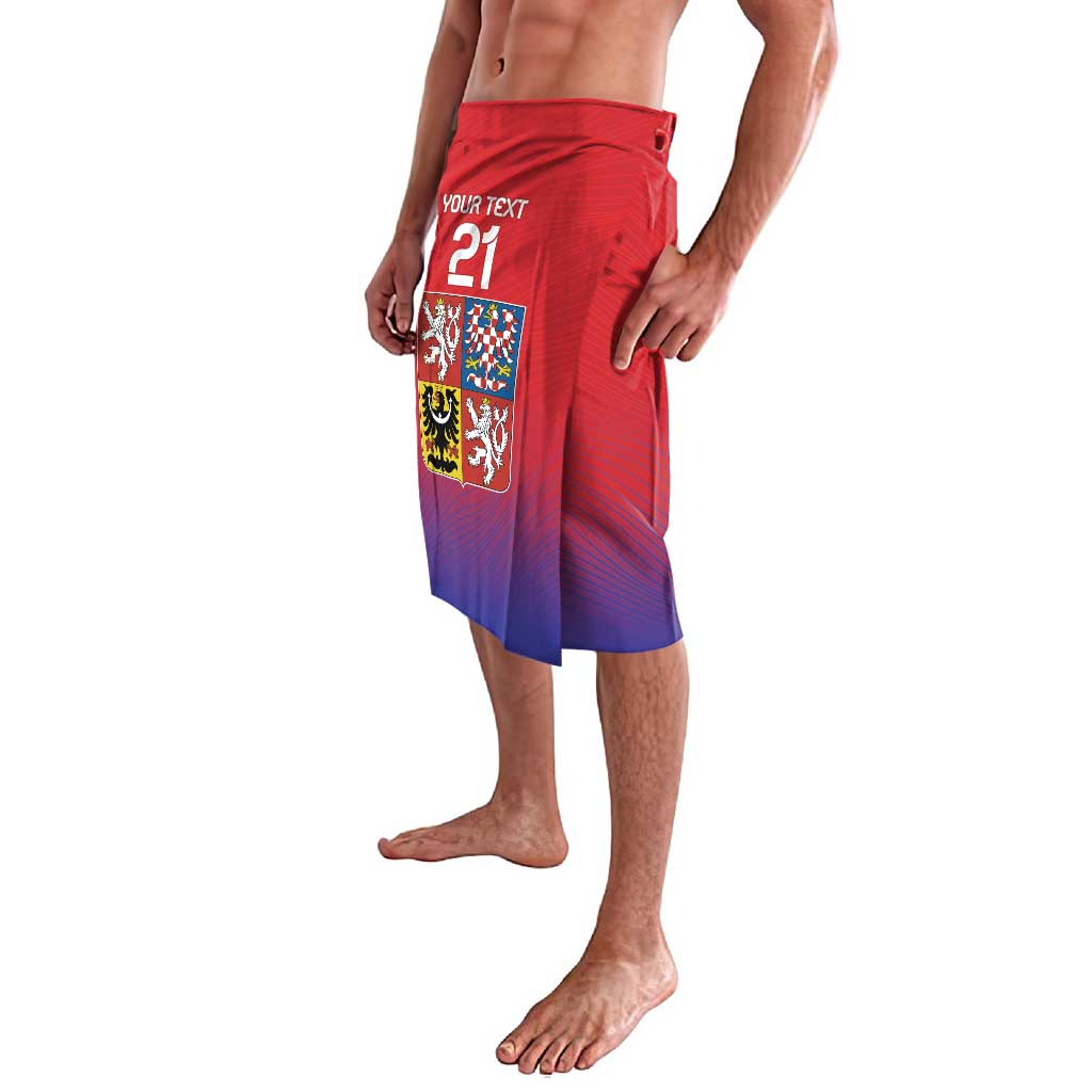 Red to blue double-tailed wrap skirt with crest print and elastic waistband
