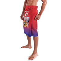 Red to blue double-tailed wrap skirt with crest print and elastic waistband