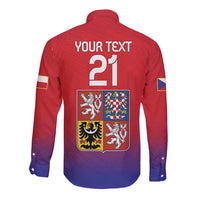 Back view red long-sleeve button shirt with YOUR TEXT 21 and crest panels