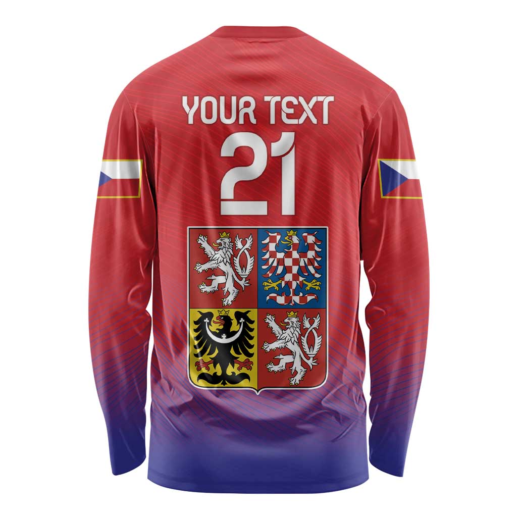 Red and blue long-sleeve shirt back with YOUR TEXT, number 21, and crest