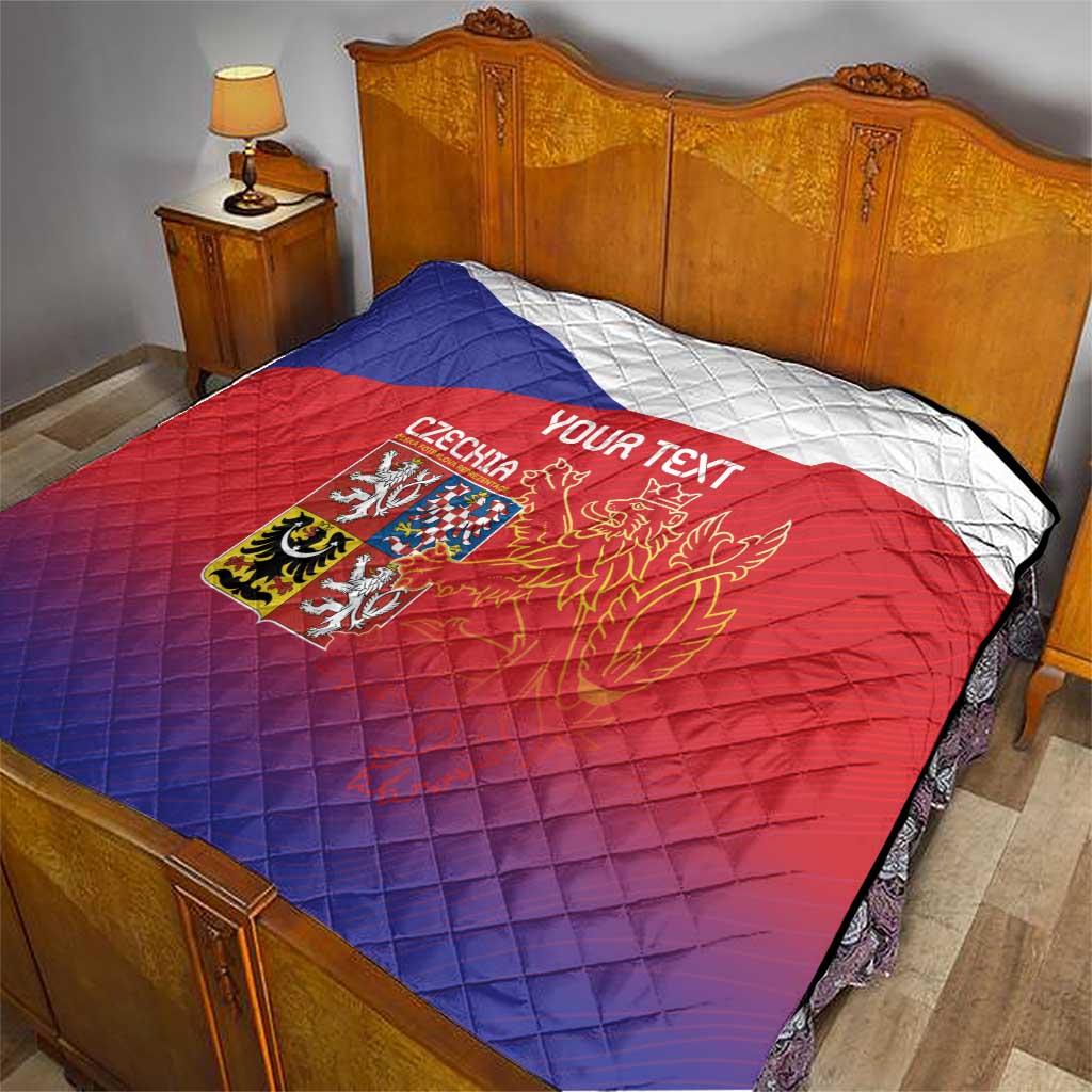 Custom Czech Republic quilt laid on a bed, blue-red-white flag design and lion crest