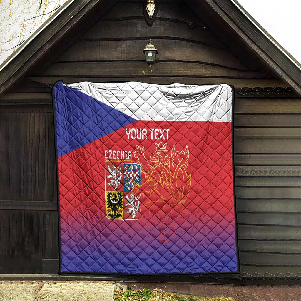 Custom Czech Republic quilt hung up, blue-red-white flag design with lion crest and text