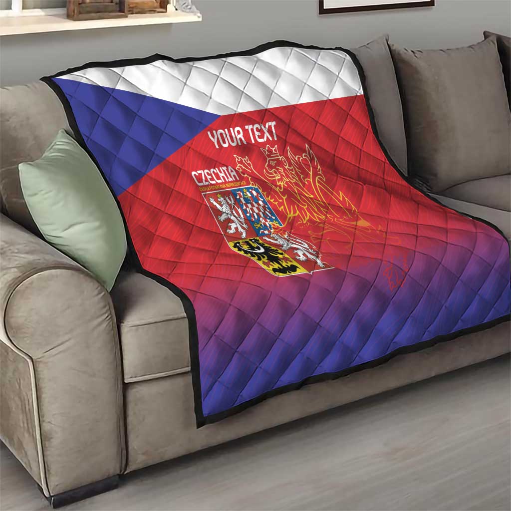 Custom Czech Republic quilt draped on a sofa, blue-red-white flag design with lion crest