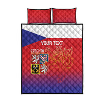 Red and blue quilt bed set with two pillows, Czechia shield and lion graphic
