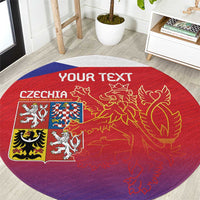 Red round carpet with purple border, Czech shield and gold lion art with 'YOUR TEXT'.