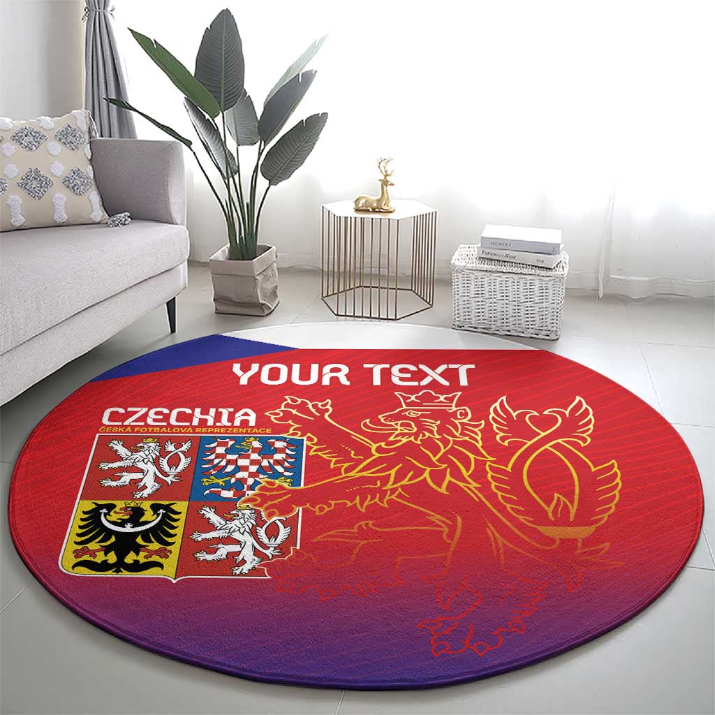 Red round carpet with purple border, Czech crest panel and gold lion with 'YOUR TEXT'.