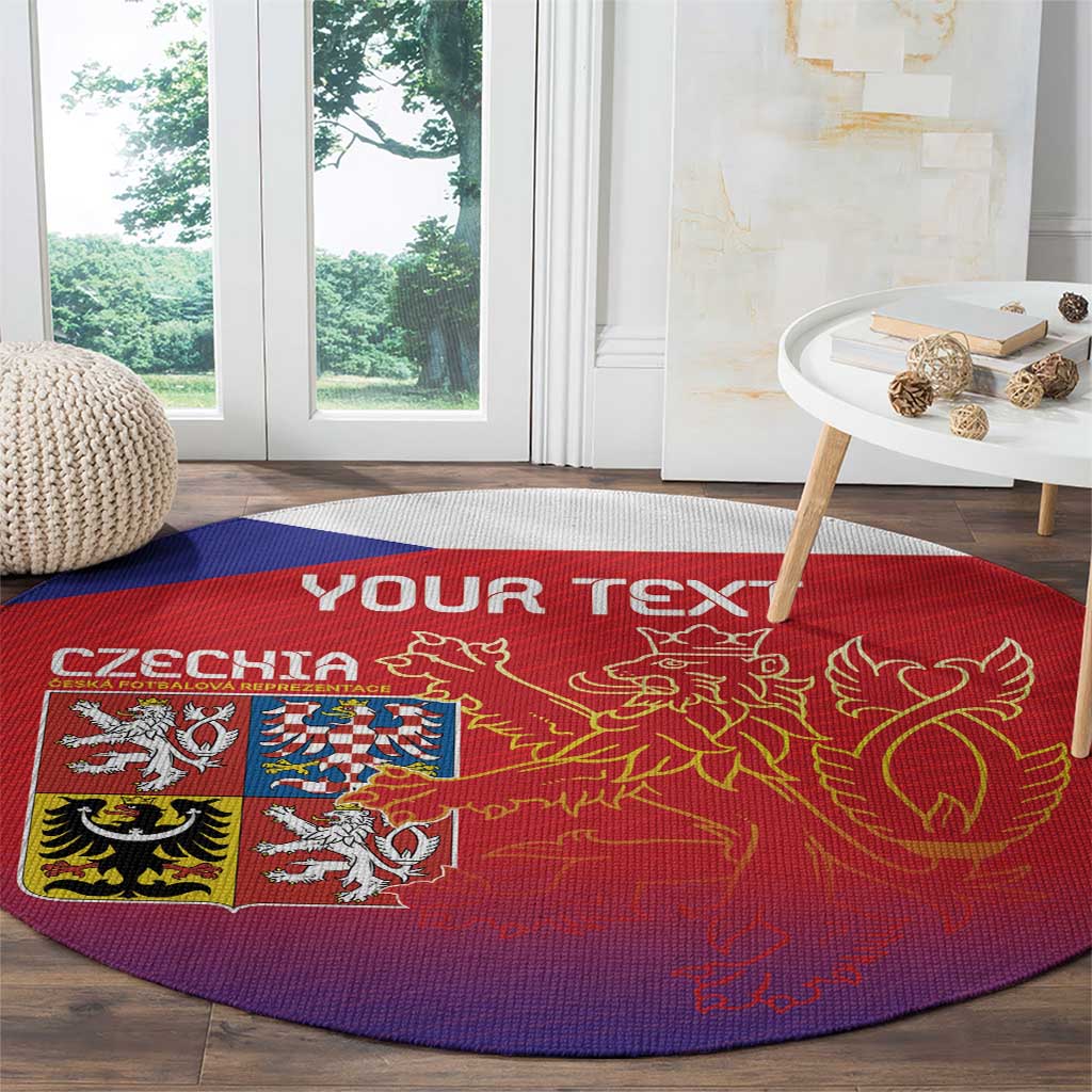 Red round carpet with purple border, Czech shield and gold lion motif with 'YOUR TEXT'.