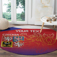 Red round carpet with purple border, Czech shield and gold lion motif with 'YOUR TEXT'.