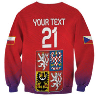 Red sweatshirt back with 'YOUR TEXT 21' and Czech crest shield, sleeve flags