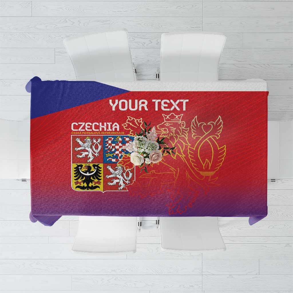 Red and blue tablecloth with Czech crest and lion emblem, custom text panel