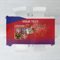 Red and blue tablecloth with Czech crest and lion emblem, custom text panel