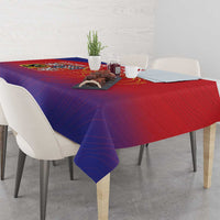 Red and blue gradient tablecloth with Czech crest and lion emblem on dining table