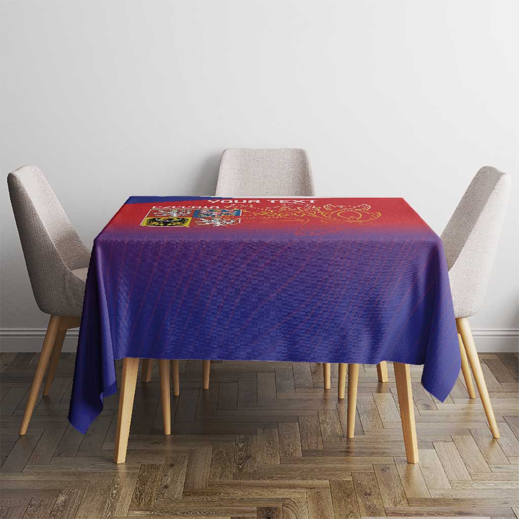 Red and blue gradient tablecloth on dining table with Czech lion emblem