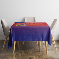Red and blue gradient tablecloth on dining table with Czech lion emblem