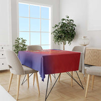Red and blue tablecloth with Czech crest and lion emblem on dining set