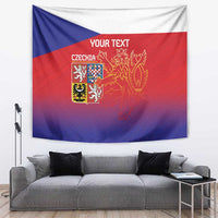 Czech flag tapestry wall hanging in blue, red, and white with lion crest and text, draped over sofa
