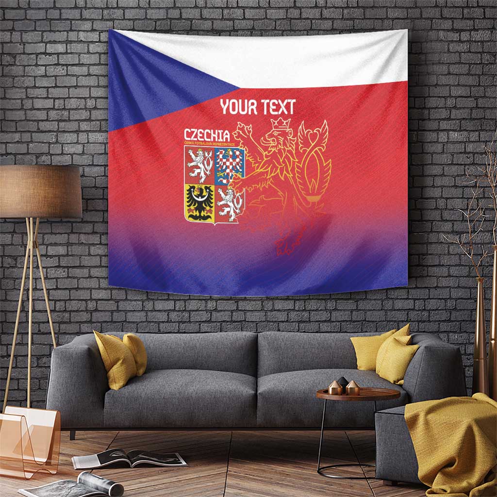 Czech flag tapestry wall hanging in blue, red, and white with lion crest and text, mounted on brick wall