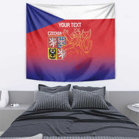 Czech flag tapestry wall hanging in blue, red, and white with lion crest and custom text, above bed