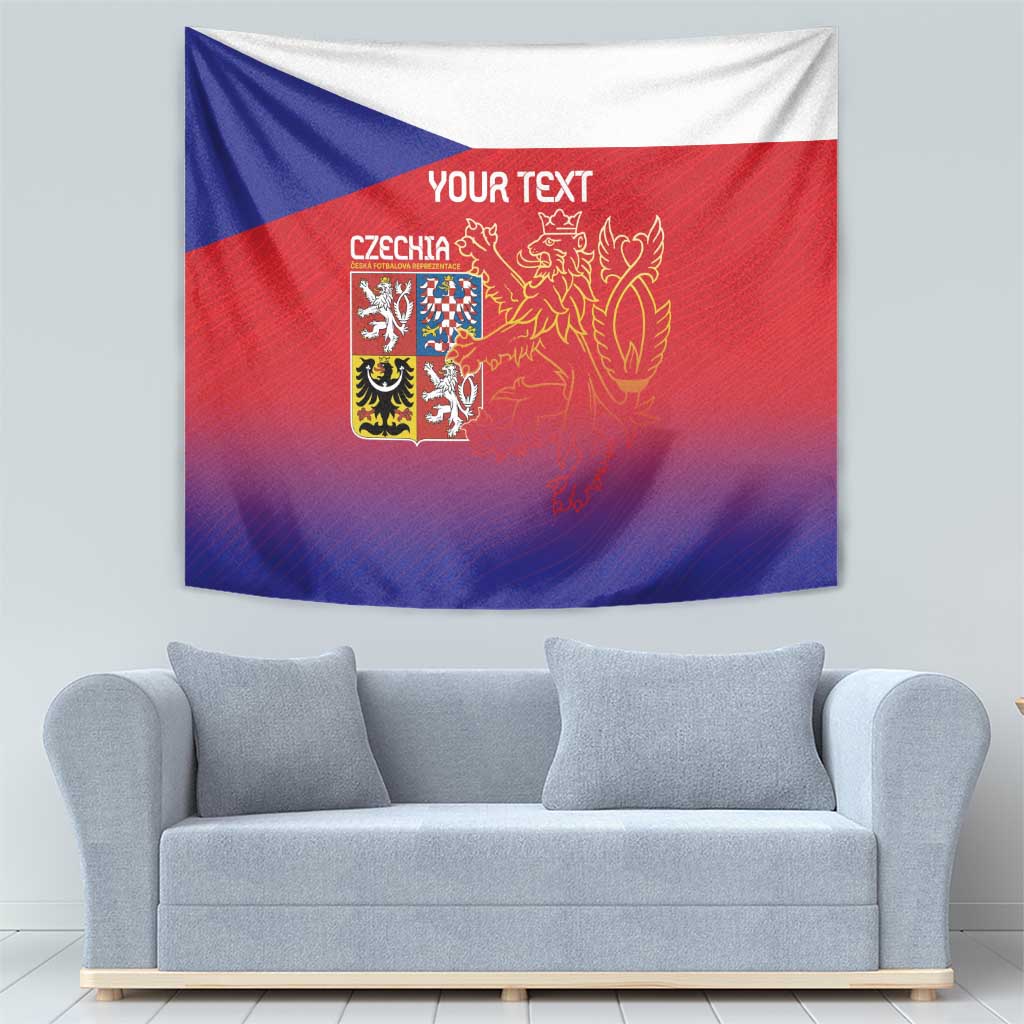 Czech flag tapestry wall hanging in blue, red, and white with lion crest and custom text, hung on wall